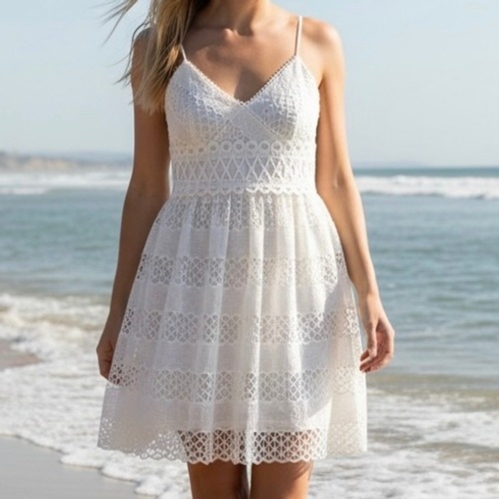 Guess Eyelet Fit and Flare Mini Dress Sz 2 Cottagecore Rehearsal‎ Wedding Summer